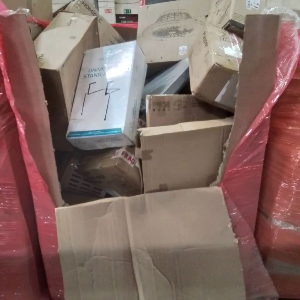 PALLET CONTAINING VARIOUS ASSORTED ITEMS TO INCLUDE: CHILDREN'S PLAYPEN,  FAN LIGHT, UNIVERSAL STAND ASSIST, BOOSTAPAK AND LOTS MORE UNMARKED BOXED ITEMS 