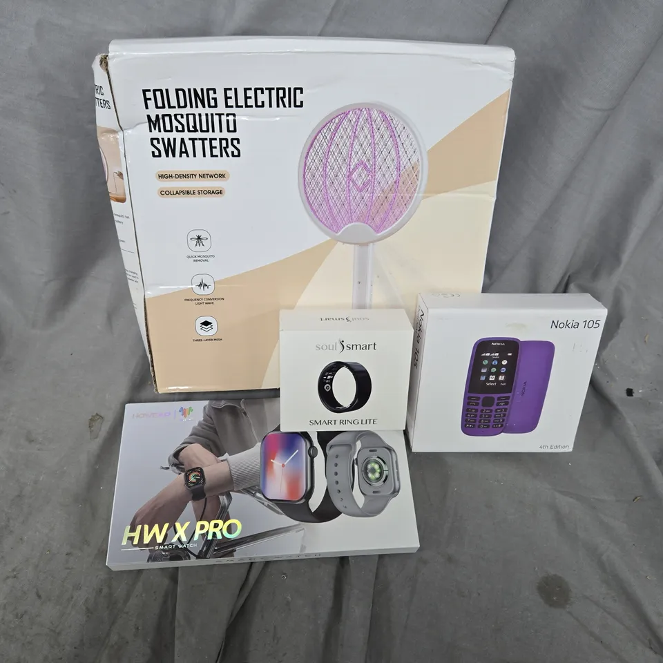 APPROXIMATELY 12 ASSORTED ITEMS TO INCLUDE FOLDING MOSQUITO SWATTERS, SOUL SMART RING, NOKIA 105, ETC