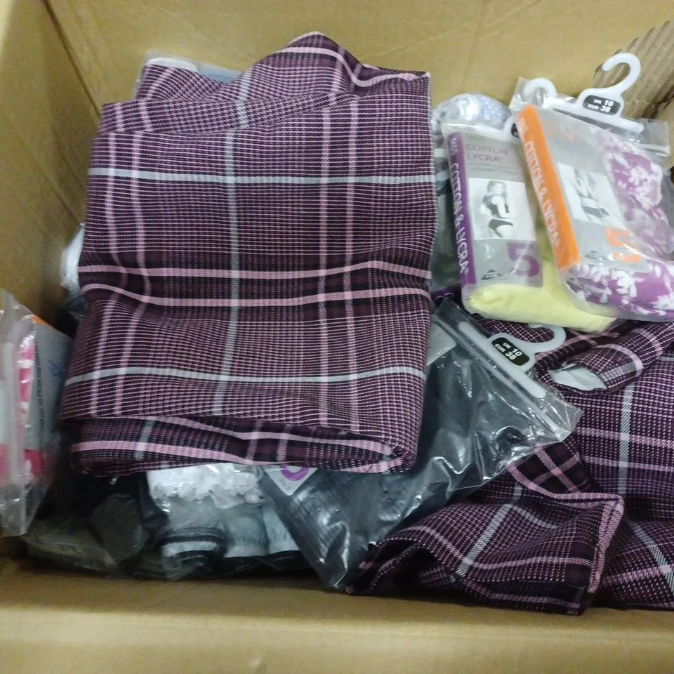MEDIUM BOX OF ASSORTED CLOTHING PRODUCTS TOO INCLUDE TROUSERS , UNDERWEAR AND SHIRTS 
