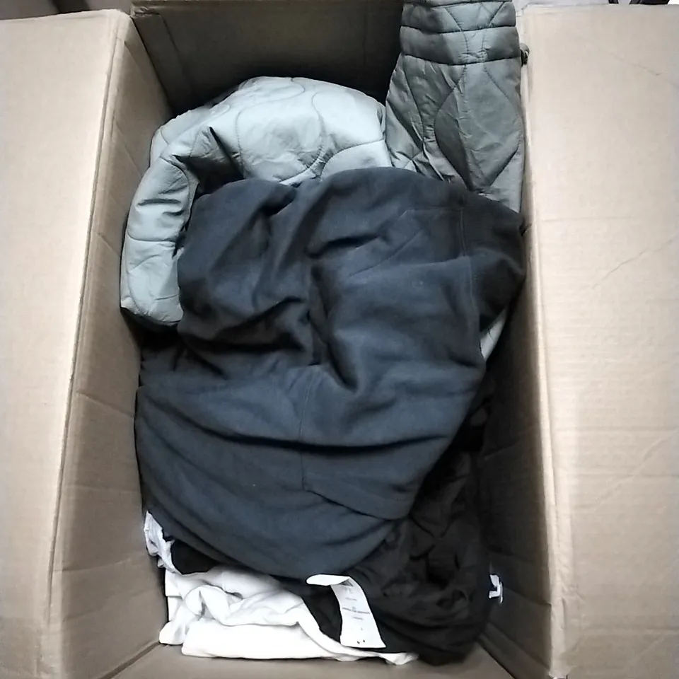 BOX TO CONTAIN ASSORTED MENS AND WOMENS CLOTHING INCLUDING; JUMPERS, COATS, JACKETS, TSHIRTS ETC