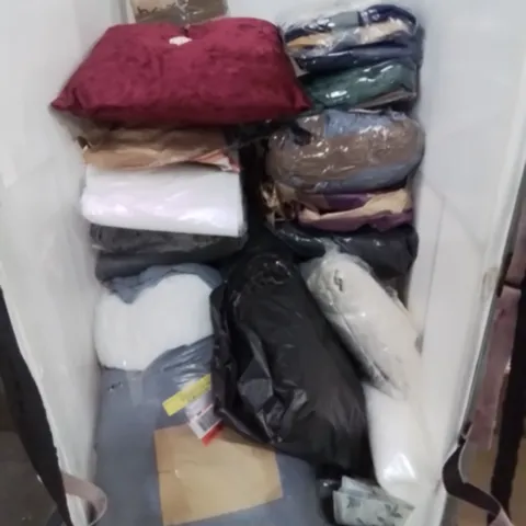 CAGE CONTAINING VARIOUS SOFT FURNISHINGS, CURTAINS, CUSHIONS ETC.