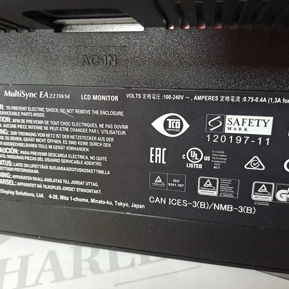 NEC MULTISYNCH 22"LCD MONITOR MODEL EA223WM-BK SERIAL #65394174TB