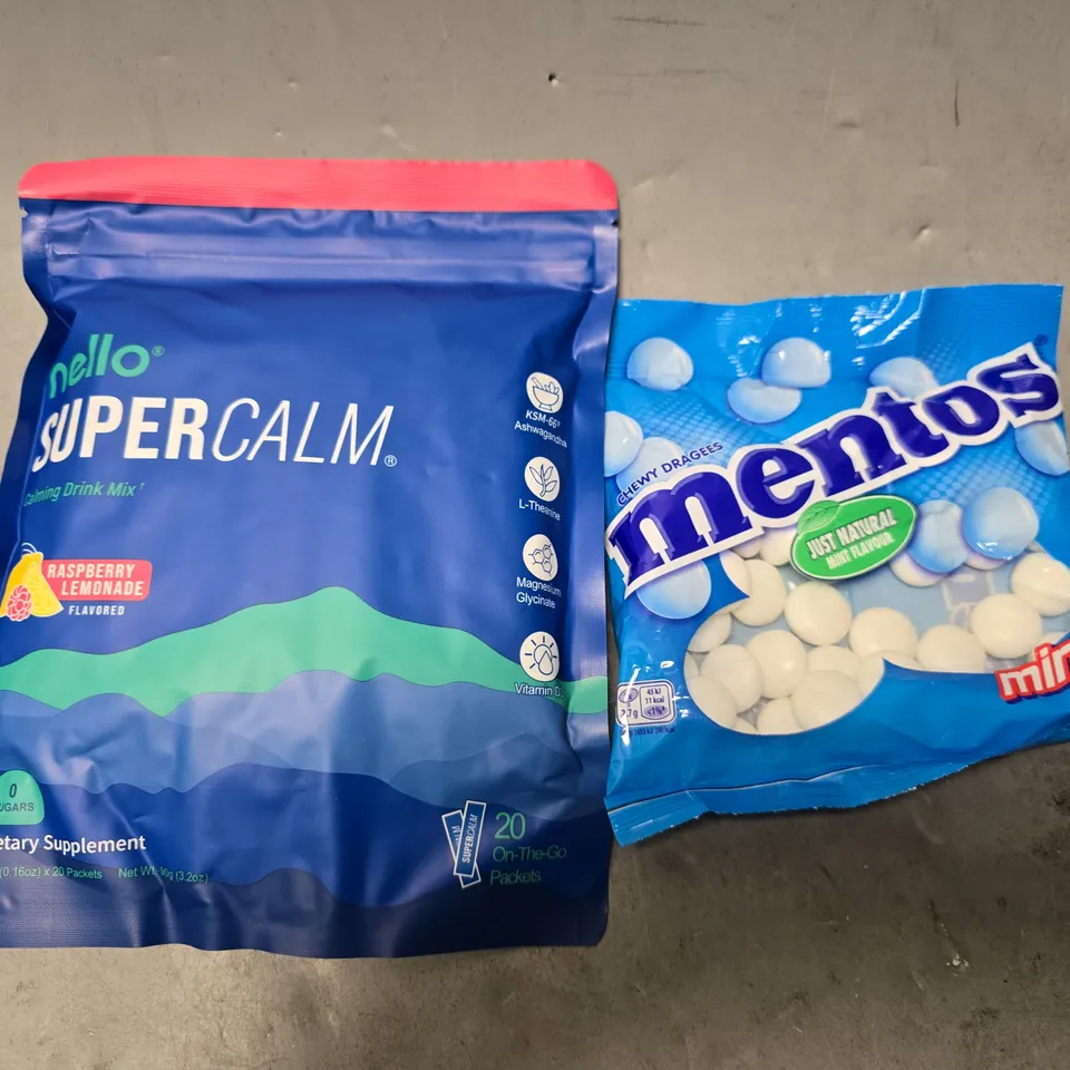 APPROXIMATELY 8 ASSORTED FOOD ITEMS TO INCLUDE - MENTOS  , NELLO SUPER CALM 