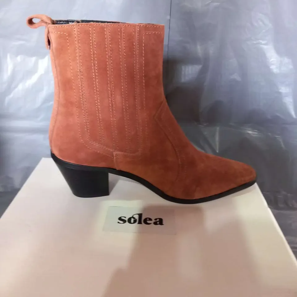 BOXED SOLEA FARES BROWN SUEDE ANKLE BOOTS SIZE 6
