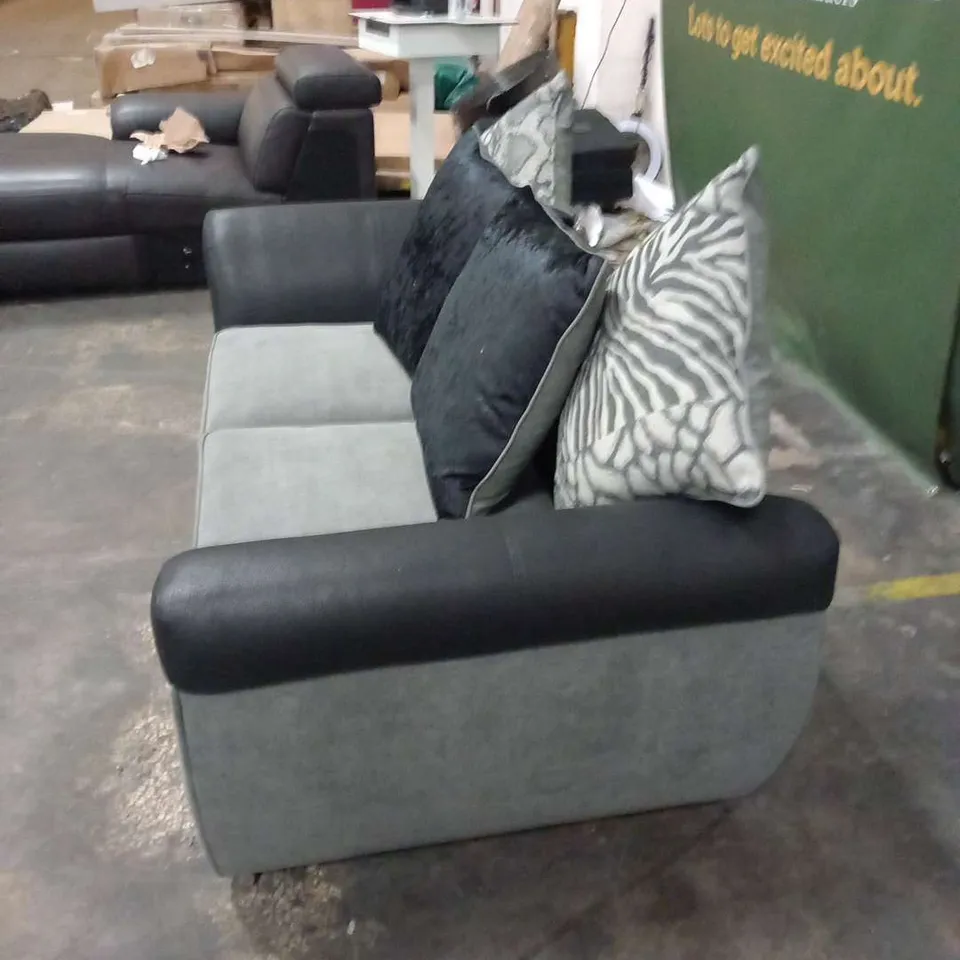 DESIGNER BLACK SUEDE EFFECT AND GREY FABRIC TWO SEATER SOFA WITH SCATTER CUSHIONS