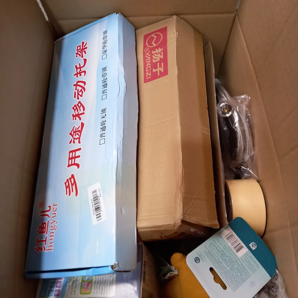 BOX OF ITEMS APPROXIMATELY 20 TO INCLUDE INSTANT WATER HEATING FAUCET, M&S BANK CARD READER, TRIXIE TOY ETC