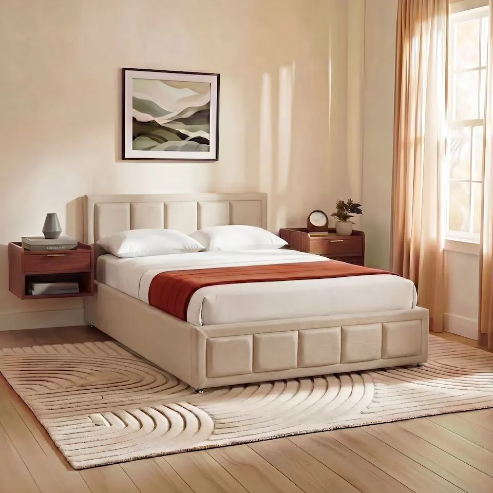 BOXED VANITA DOUBLE OTTOMAN BED - BEIGE LINEN (2 BOXES)