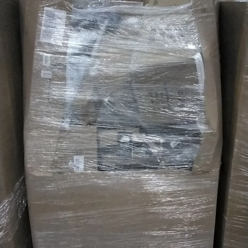 PALLET OF ASSORTED ITEMS INCLUDING KINZO FOLDABLE STORAGE CART, KING SIZE AIR MATTRESS, 28CM FRYING PAN, DAILYSWEE STAND MIXER AND SLIDING BARN DOOR HARDWARE