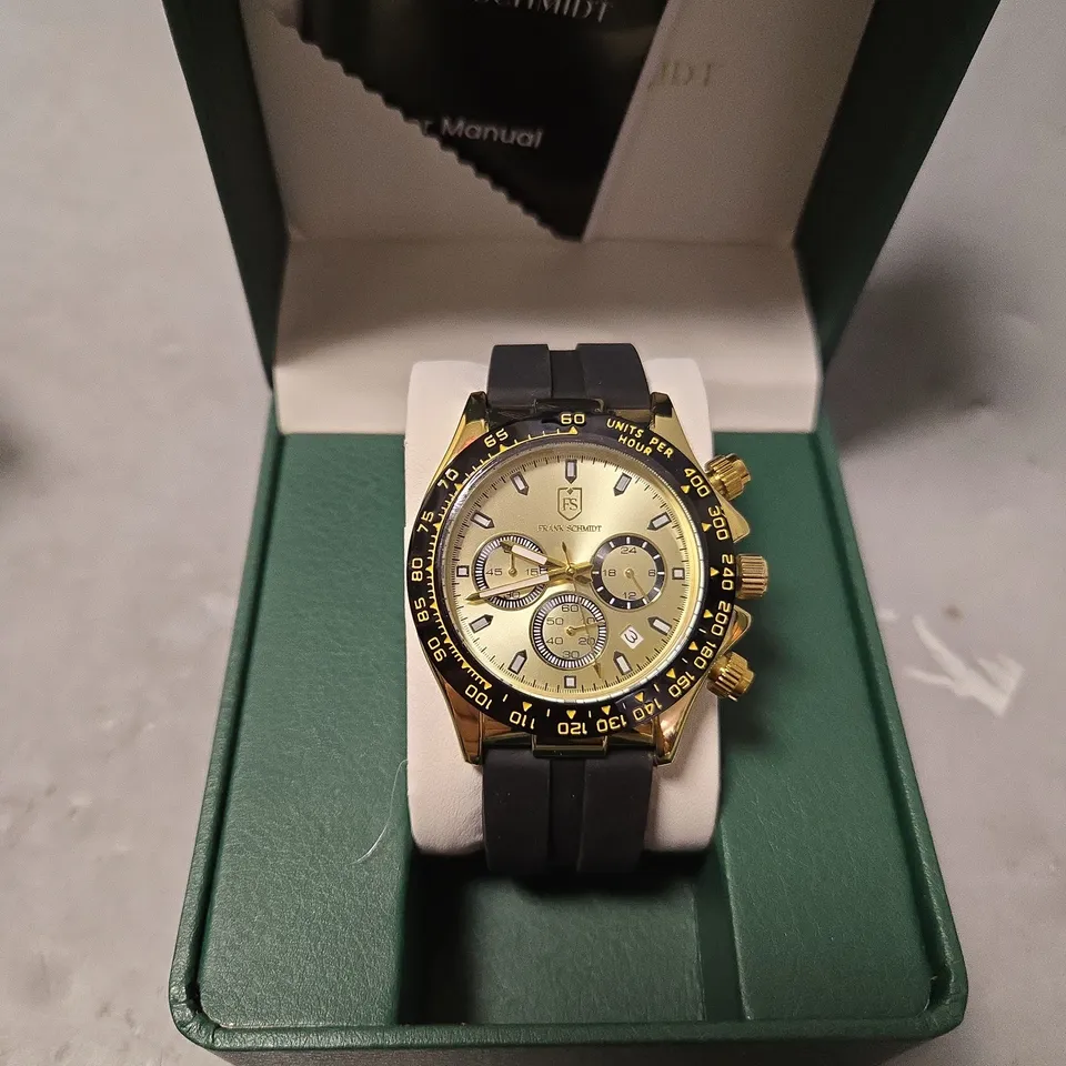 BOXED FRANK SCHMIDT GOLD TRIPLE DIAL SILICONE STRAP WATCH 