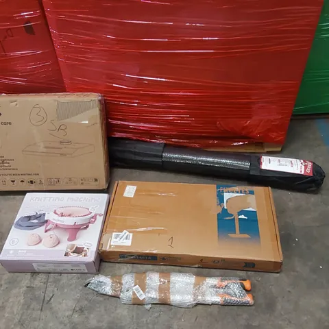 PALLET OF ASSORTED CONSUMER PRODUCTS TO INCLUDE: COOKER HOOD, TV STAND, KNITTING MACHINE, YOGA MATS, HEDGE TRIMMER ECT