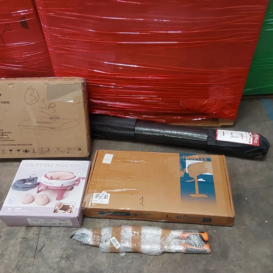 PALLET OF ASSORTED CONSUMER PRODUCTS TO INCLUDE: COOKER HOOD, TV STAND, KNITTING MACHINE, YOGA MATS, HEDGE TRIMMER ECT