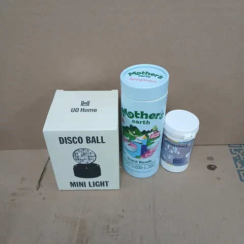 APPROXIMATELY 15 ASSORTED HOUSEHOLD PRODUCTS TO INCLUDE MOTHERS EARTH SCENT BEADS, COFFEE MACHINE CLEANING TABLETS, MINI DISCO BALL ETC 