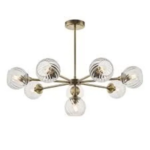 BOXED ENDON ALLEGRA 8 LIGHT PENDANT ANTIQUE BRASS PLATE AND CLEAR SPIRAL GLASS