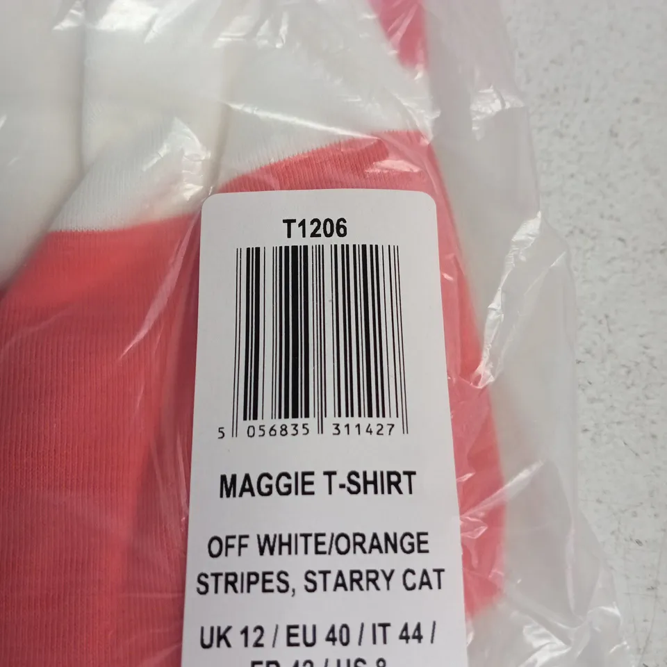 SUGARHILL MAGGIE T-SHIRT – OFF WHITE/ORANGE STRIPES, STARRY CAT, UK 12