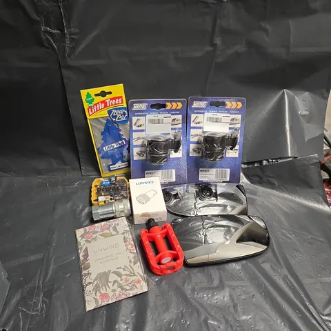 APPROXIMATELY 12 ASSORTED VEHICLE PARTS & ACCESSORIES TO INCLUDE WING MIRRORS PARTS, MAYPOLE CONVERSION ADAPTOR, LITTLE TREES CAR FRESHENER, ETC