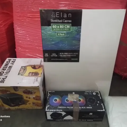 PALLET OF ASSORTED HOUSEHOLD AND ELECTRICAL ITEMS TO INCLUDE AIR FRYER, WHITE CANVAS AND CPU LIQUID COOLER