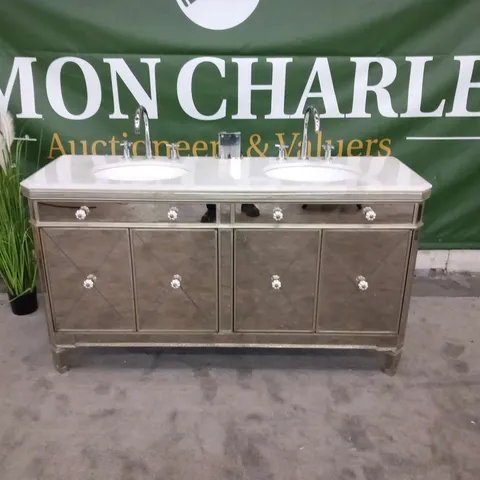 MIRRORED ANTIQUED RIBBED MARBLE TOPPED VANITY UNIT WITH TWO INBUILT BASINS