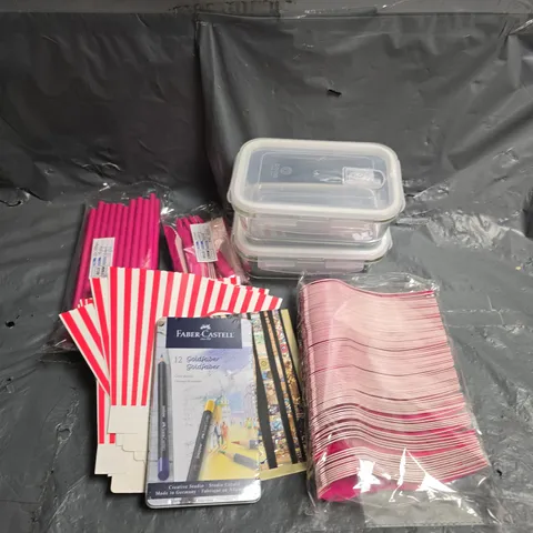 BOX OF APPROX 12 ASSORTED HOUSEHOLD ITEMS TO INCLUDE - TUPPERWARE - PARTY CUTLERY - COLOURED PENCILS - ETC - COLLECTION ONLY