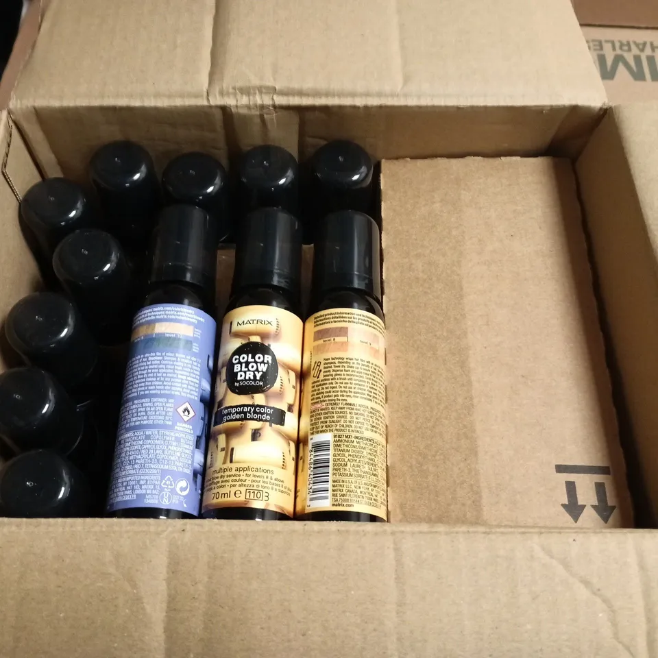 BOX OF APPROXIMATELY 30 MATRIX HAIRCARE PRODUCTS TO INCLUDE BRASS OFF PROTECTING CREAMS, TEMPORARY COLOUR SPRAYS AND VOLUME BOOSTERS