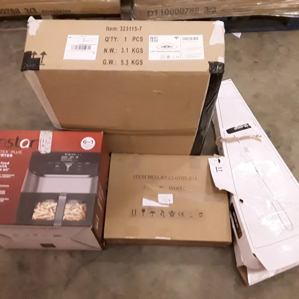 PALLET OF ASSORTED PRODUCTS INCLUDING SHOWER SYSTEM, OUTDOOR GAS STOVE, VORTEX PLUS AIR FRYER, LED CEILING FAN LIGHT