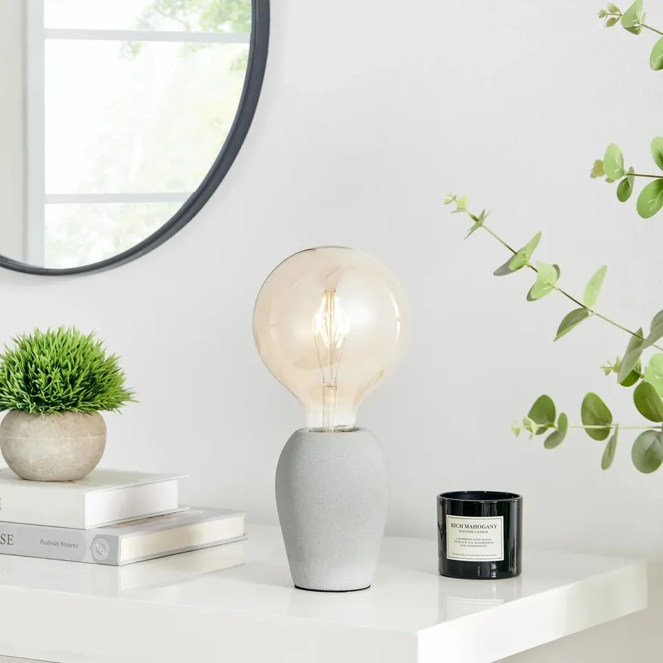 BRAND NEW BOXED KAYLA GREY CONCRETE AND SMOKED GLASS INDUSTRIAL TABLE LAMP (1 BOX)