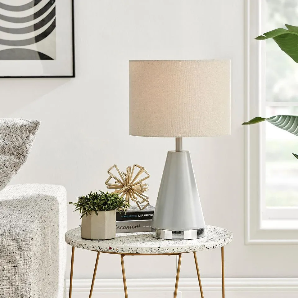 BOXED ZOE GREY AND SILVER METAL TABLE LAMP (1 BOX)