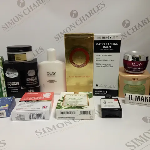 BOX OF APPROX 10 ASSORTED BEAUTY PRODUCTS TO INCLUDE OLAY BEAUTY FLUID, THE INKEY LIST OAT CLEANSING BALM, OLAY NIGHT CREAM, ETC