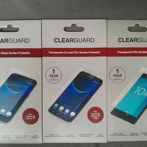 BOX OF APPROXIMATELY 30 ASSORTED CLEARGUARD SCREEN PROTECTORS FOR VARIOUS MAKES AND MODELS