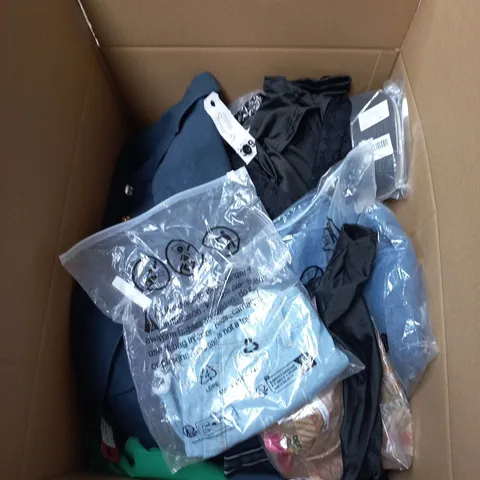 BOX OF APPROXIMATELY 25 ASSORTED CLOTHING ITEMS IN VARIOUS STYLES , COLOURS AND SIZES