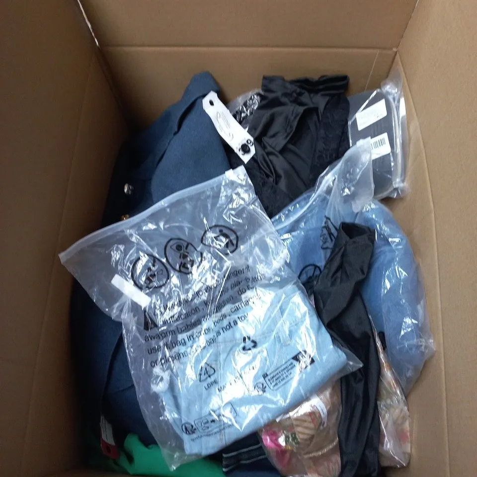 BOX OF APPROXIMATELY 25 ASSORTED CLOTHING ITEMS IN VARIOUS STYLES , COLOURS AND SIZES 