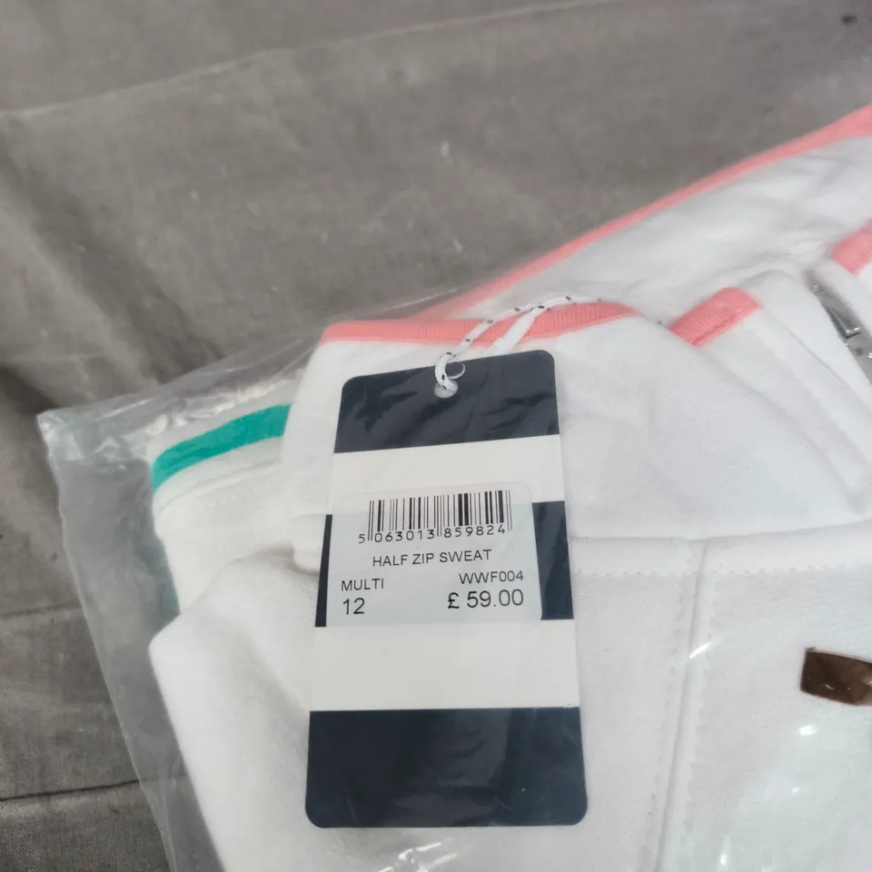 CREW CLOTHING HALF ZIP SWEATSHIRT – WHITE WITH CORAL & TEAL TRIM – UK 12