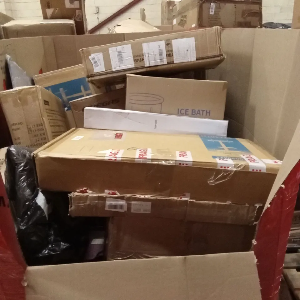 PALLET OF ASSORTED HOUSEHOLD GOODS AND PRODUCTS TO INCLUDE; WALL CLOCK, FURNITURE, MONITOR STAND, COMPUTER MONITOR ETC