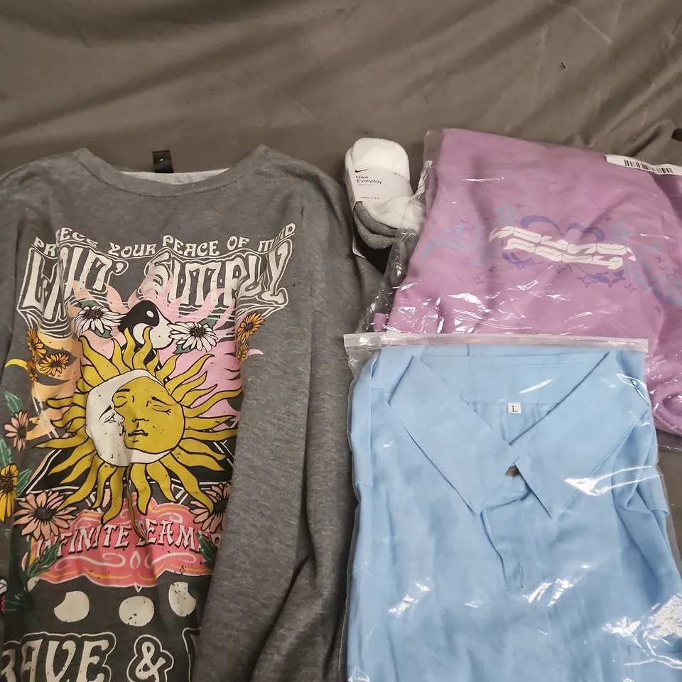 APPROXIMATELY 20 ASSORTED CLOTHING PRODUCTS IN VARIOUS STYLES & SIZES TO INCLUDE JACKETS, T-SHIRTS, DRESSES ETC