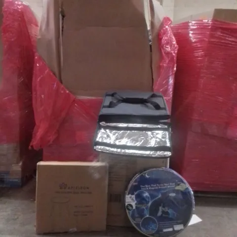 PALLET OF ASSORTED HOUSEHOLD GOODS AND FURNITURE TO INCLUDE;SIDE TABLE WITH BLACK WOOD LEGS, THERMAL FOOD CARRY BAG, MAGICAL DREAM WORLD TENT ETC 