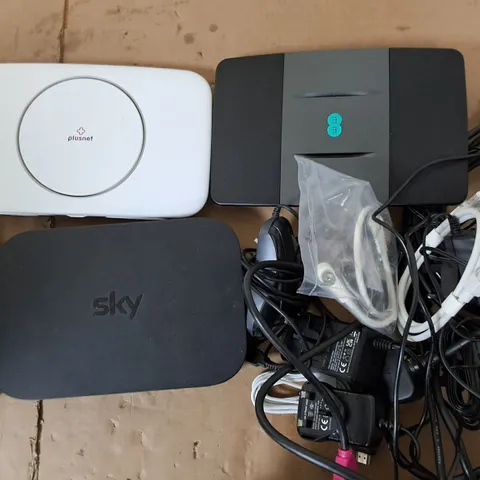 APPROXIMATELY 10 ASSORTED HOUSEHOLD ITEMS TOO INCLUDE SKY REMOTE, INTERNET ROUTERS, AND COMPUTER MOUSE ETC  
