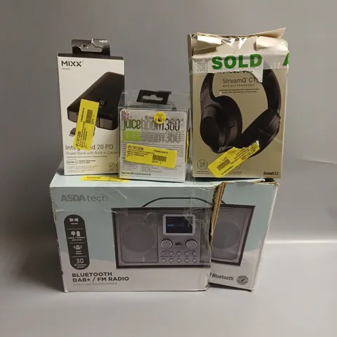 APPROXIMATELY 20 ASSORTED TECH PRODUCTS TO INCLUDE WIRELESS HEADPHONES, JUICE BOOM BLUETOOTH SPEAKER, DAB+ RADIO