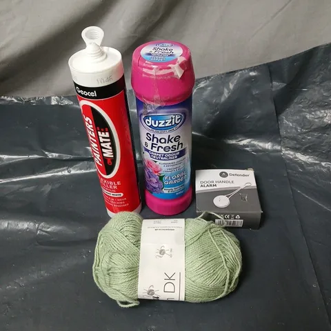 APPROXIMATELY 15 ASSORTED HOUSEHOLD ITEMS TO INCLUDE DOOR HANDLE ALARM, YARN, SHAKE & FRESH CARPET NEUTRALISER, FLEXIBLE FILLER ETC