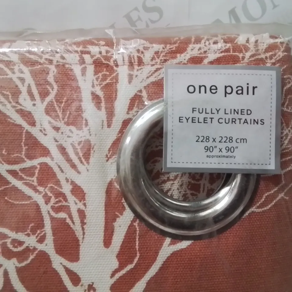 BRAND NEW FUSION FULLY LINED EYELET CURTAINS 228 X 228CM -WODLAMD TREES- [PAPRIKA]