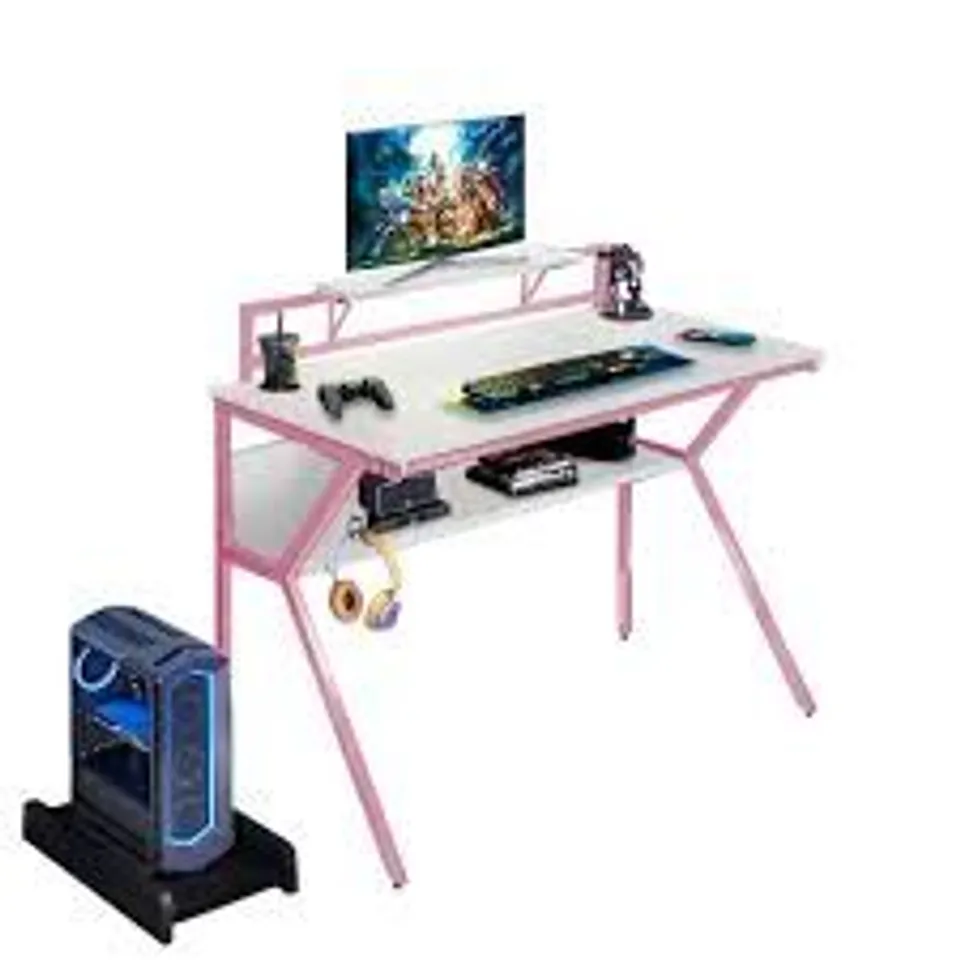 BOXED NEO ERGONOMIC 2 TIER GAMING COMPUTER OFFICE DESK - PINK (1 BOX)