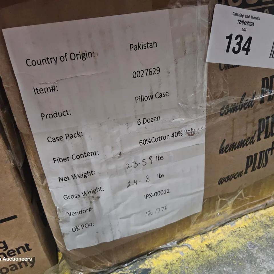 THREE CASES OF ASSORTED CATERING SUNDRIES INCLUDING, APPROXIMATELY 6 DOZEN WHITE PILLOW CASES, 2 × 1.4L SANITISER & 12× 443ml ZERO HAND SOAP.