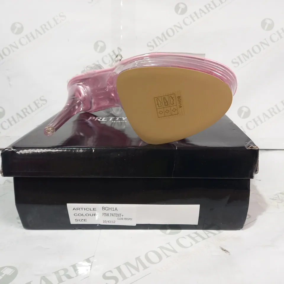 BOXED PAIR OF PRETTY LITTLE THING EXTREME CLEAR PLATFORM OPEN TOE HIGH HEEL SANDALS IN PINK EU SIZE 43