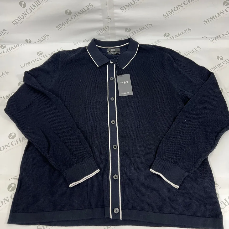 M&S COTTON RICH BUTTONED LONG SLEEVE SHIRT IN WAFFLE KNIT NAVY SIZE XL