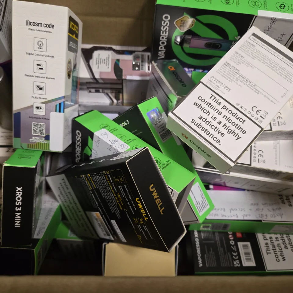 BOX OF APPROXIMATELY 15 ASSORTED E-CIGARETTES TO INCLUDE - VOOPOO , VAPORESSO , INNOKIN ETC