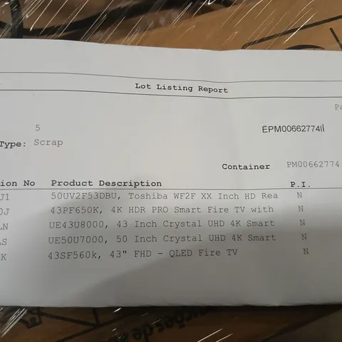 PALLET OF APPROXIMATELY FIVE DAMAGED TVS TO INCLUDE: