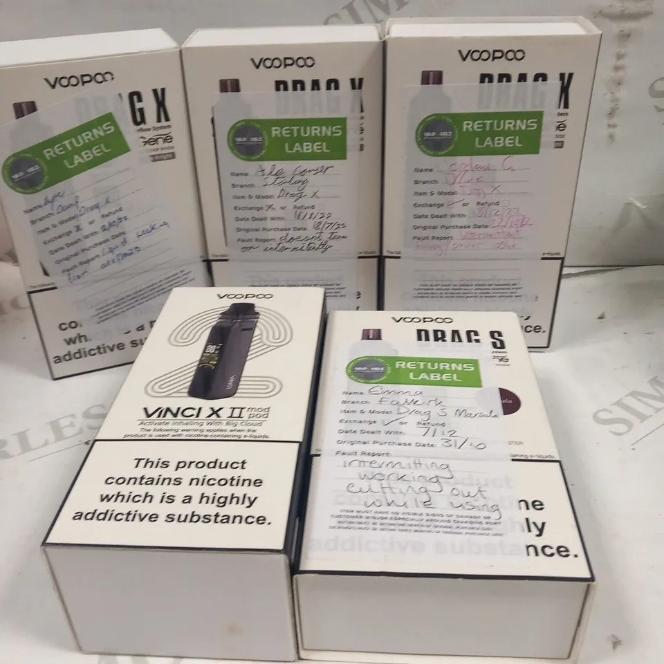 5 ASSORTED VOOPOO VAPING PRODUCTS TO INCLUDE; DRAG X AND VINCI X II MOD POD