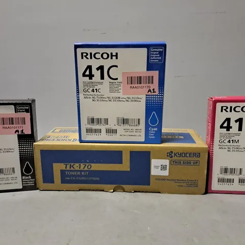 BOX OF APPROXIMATELY 16 ASSORTED PRINT CARTRIDGES & TONER CARTRIDGES TO INCLUDE - RICOH 41M IN MAGENTA , RICOH 41C CYAN , RICOH 41K BLACK ETC