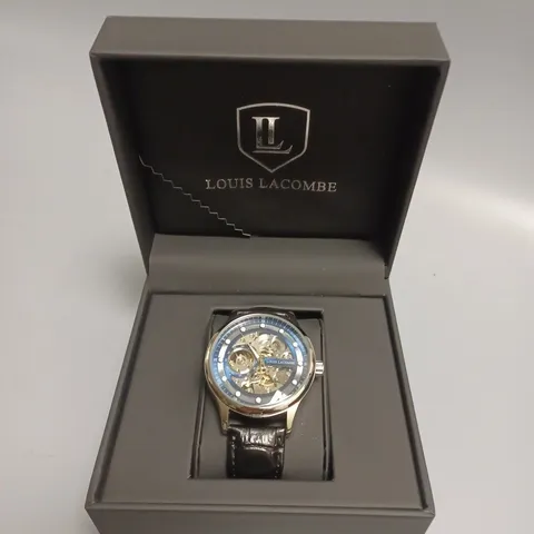 MENS LOUIS LACOMBE AUTOMATIC WATCH – SKELETON DIAL – GLASS EXHIBITION BACK CASE – LEATHER STRAP