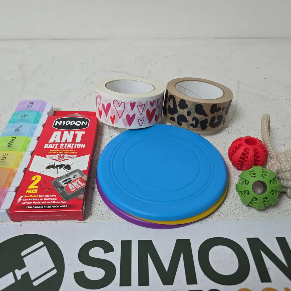 APPROXIMATELY 15 ASSORTED HOUSEHOLD PRODUCTS TO INCLUDE DOG TOYS,  ANT BAIT STATION AND TAPE