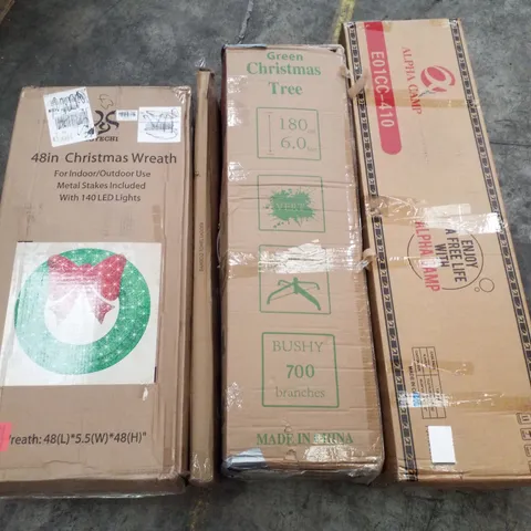 PALLET CONTAINING ASSORTED PRODUCTS INCLUDING 48" CHRISTMAS WREATH, BAMBOO TOWEL LADDER, GREEN CHRISTMAS TREE & ALPHA CAMP FOLDOUT CHAIR