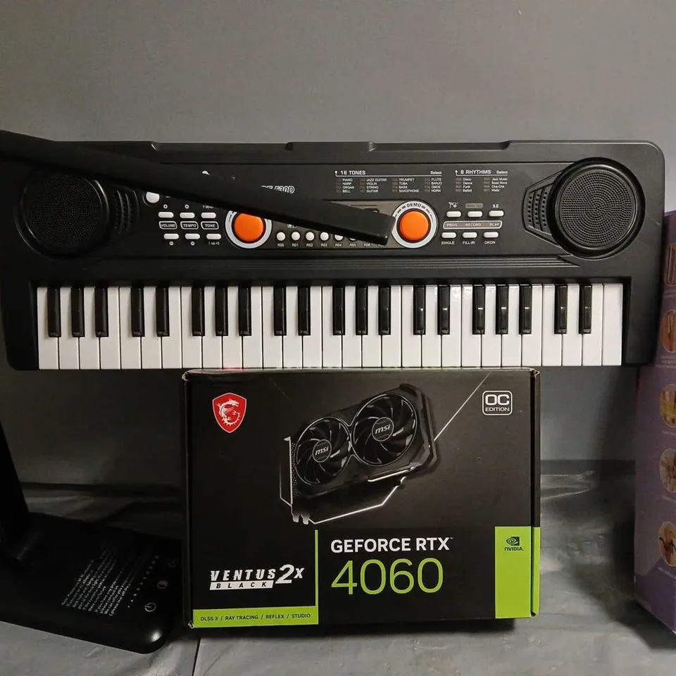 BOX OF APPROX 9 ASSORTED ITEMS TO INCLUDE -  GEFORCE RTX 4060 BOX , HAIR CURLER , BF-530D KEYBOARD ETC